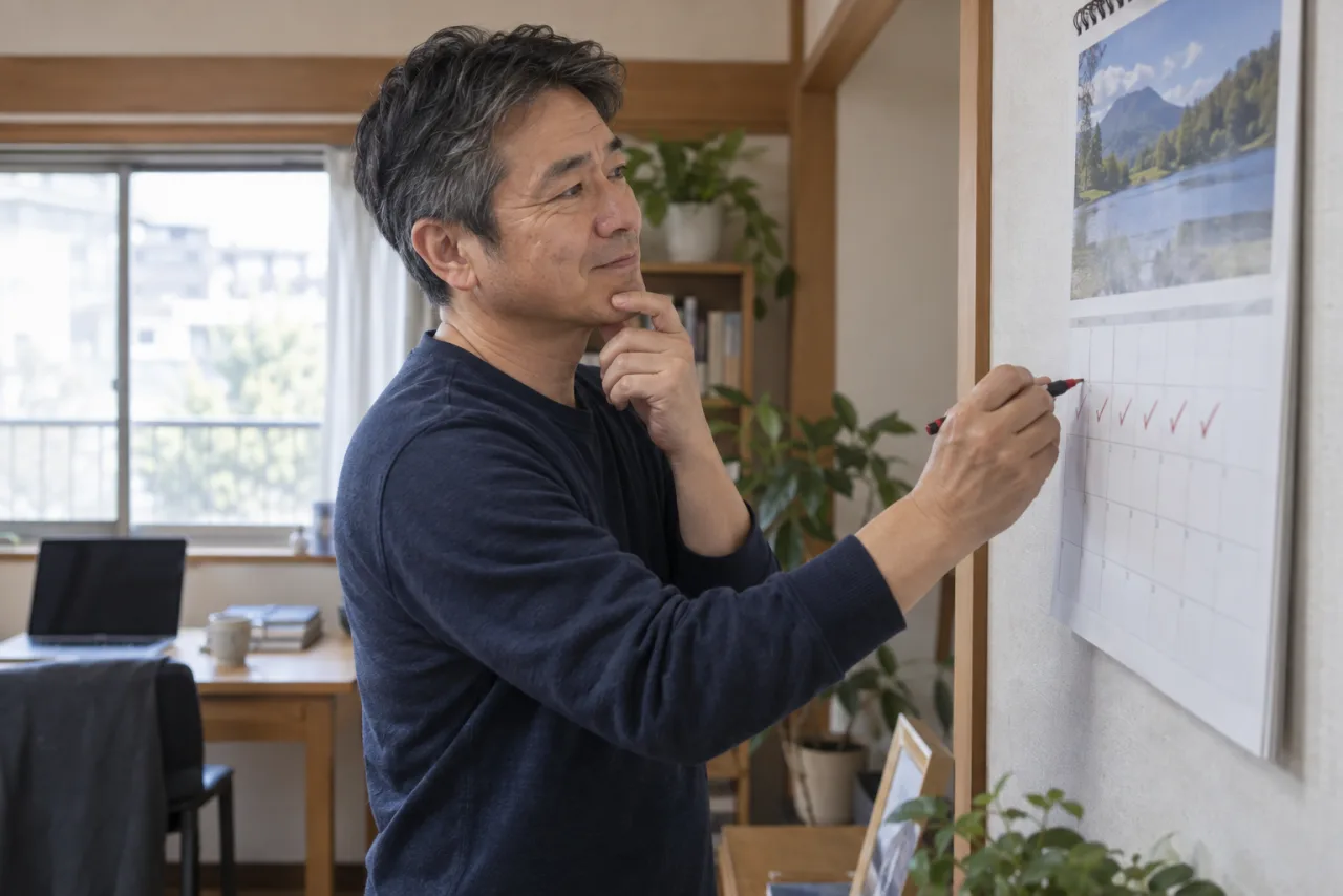 一週間の転職準備をカレンダーに整理する50代の日本人男性