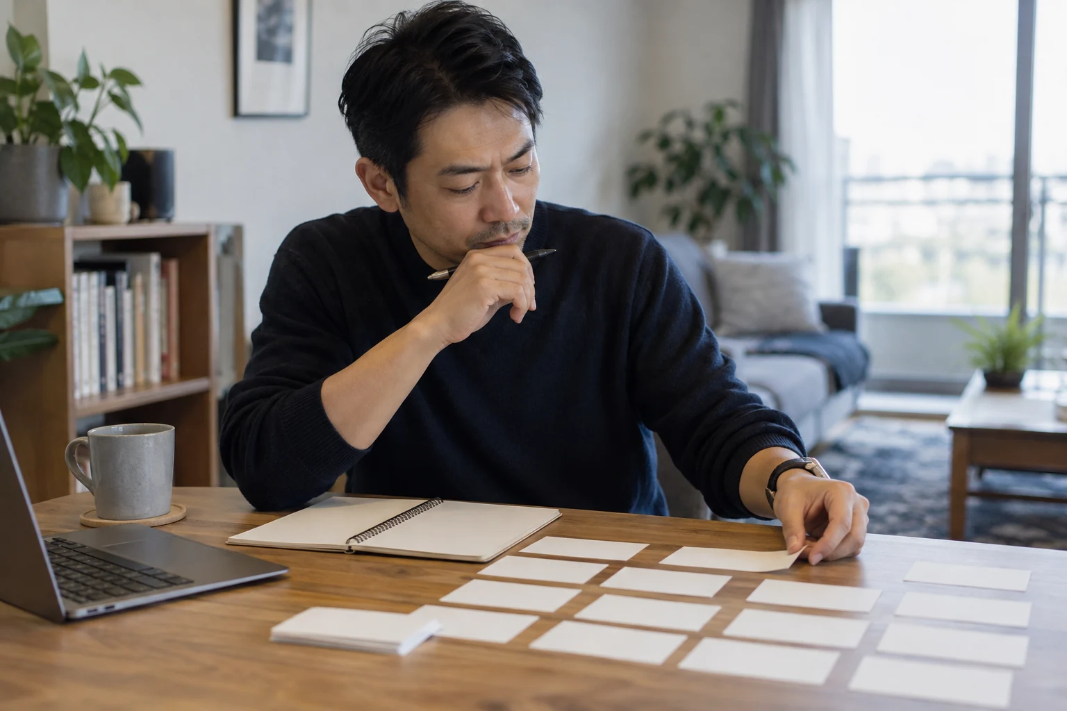 日本人男性がこれまでの経験と未経験職種の接点を考える様子