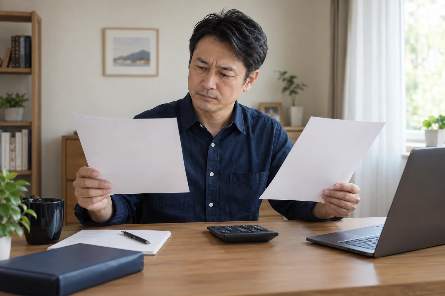 日本人男性が転職前後の給与条件を比較する様子