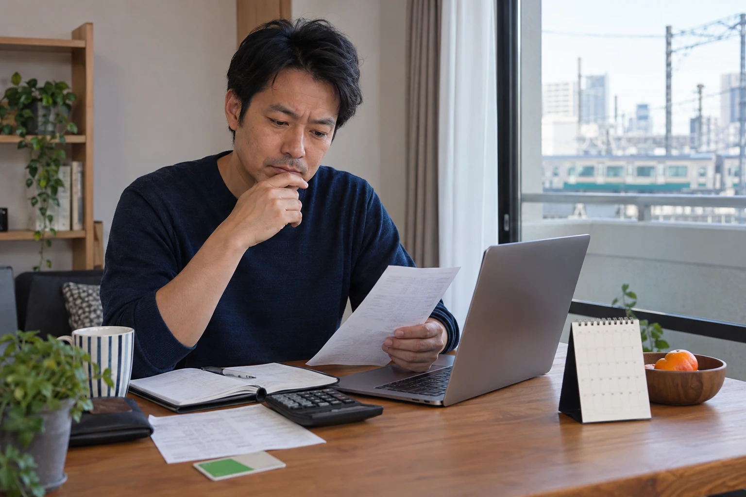 日本人男性が一人暮らしの生活費と転職後の収入を計算する様子