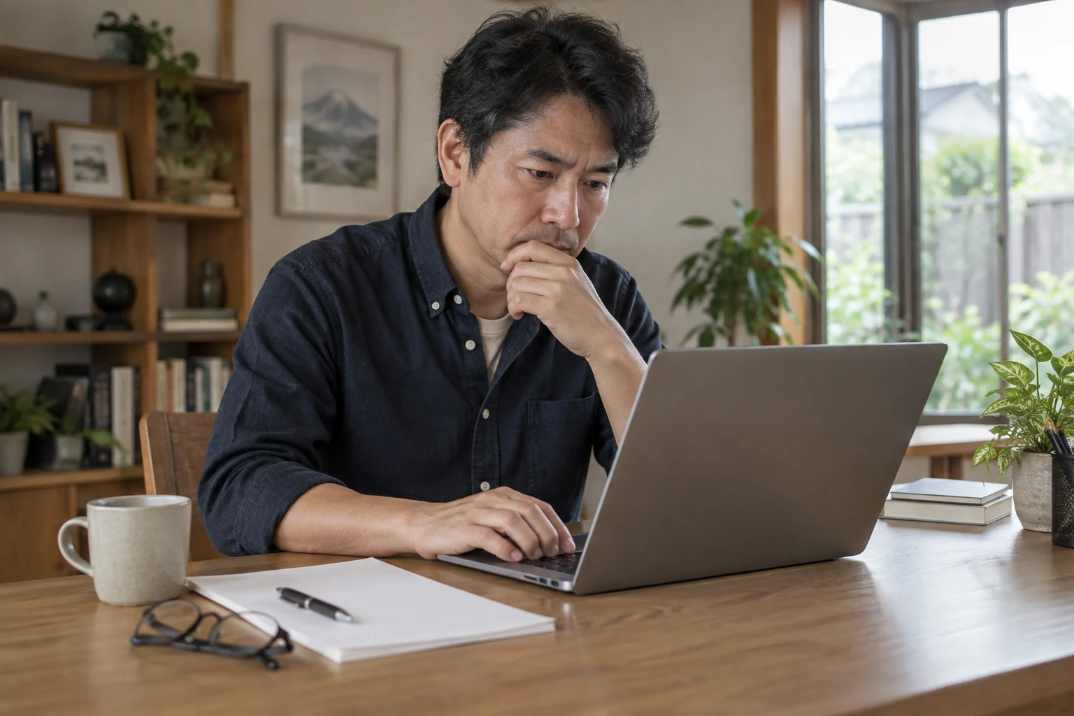 日本人男性が求人票の仕事内容と労働条件を確認する様子