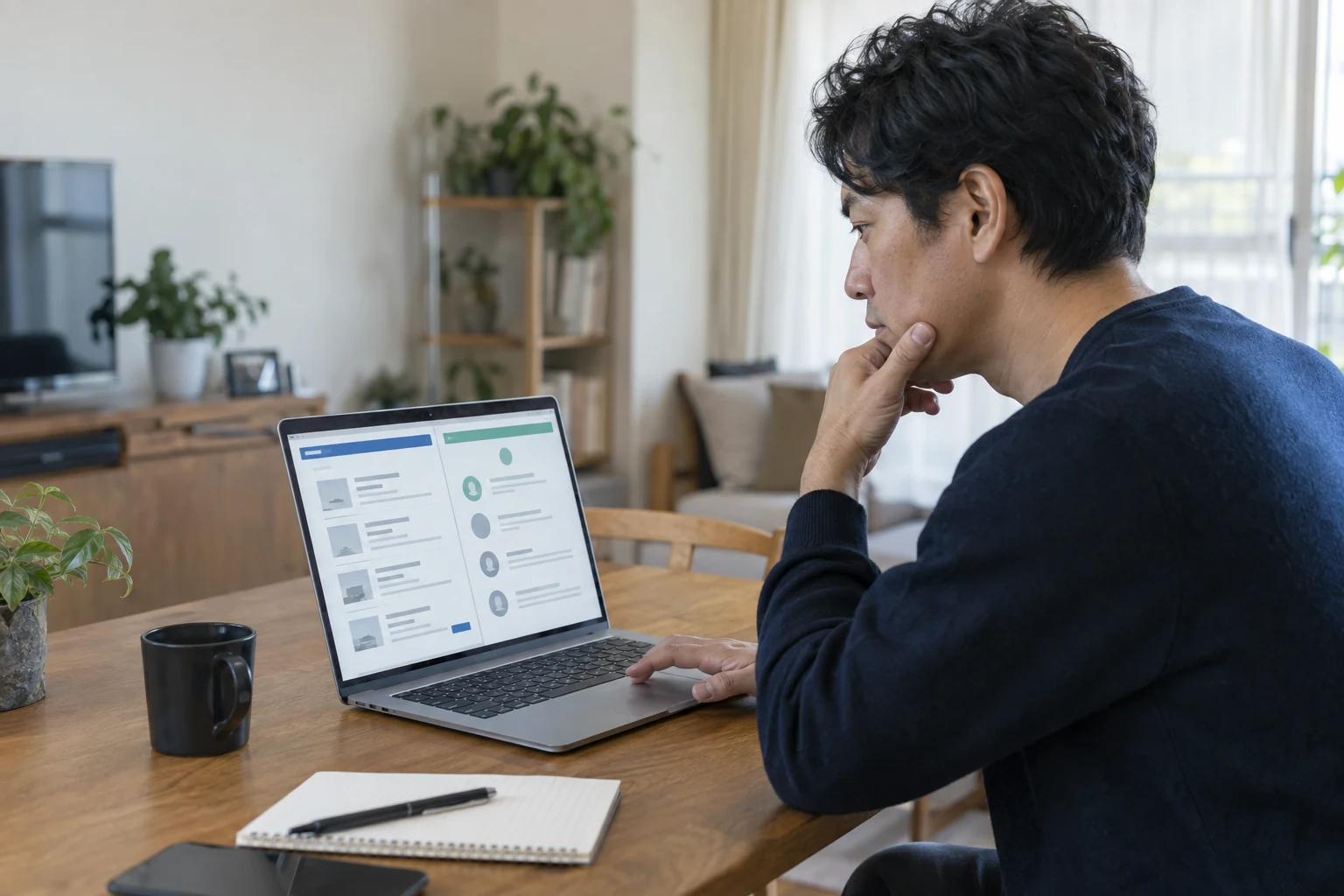 日本人男性が転職サイトと転職エージェントの違いを比較する様子