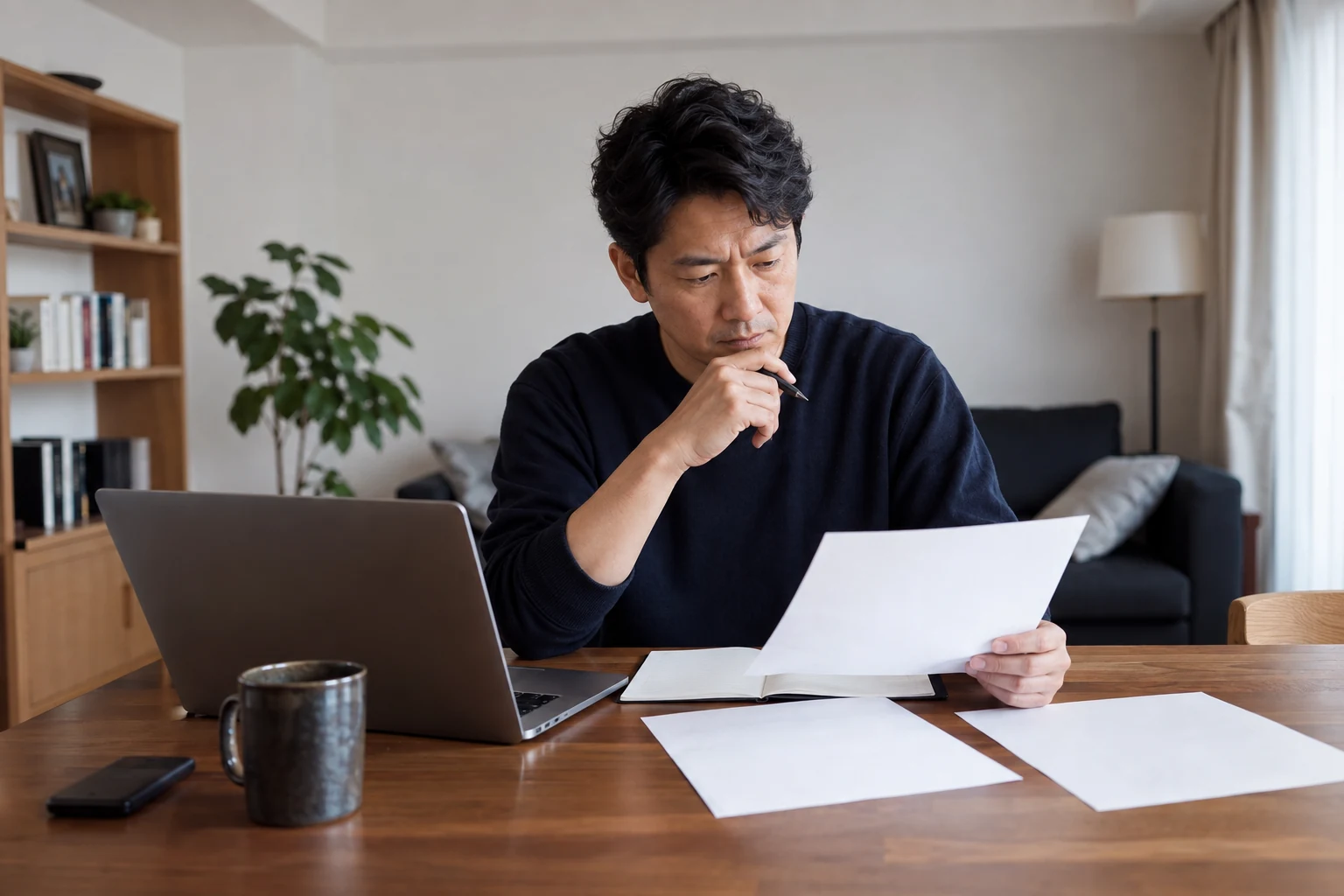 日本人男性が転職の応募書類と面接準備を進める様子