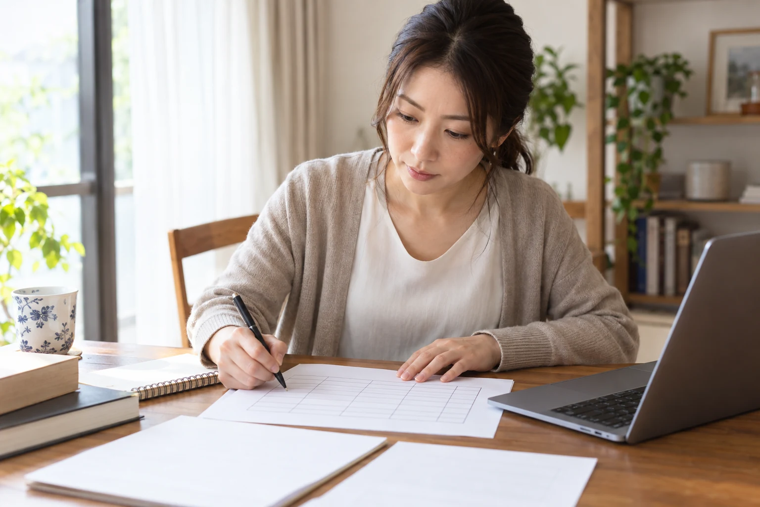 仕事の担当業務と工夫した点を表に整理している女性