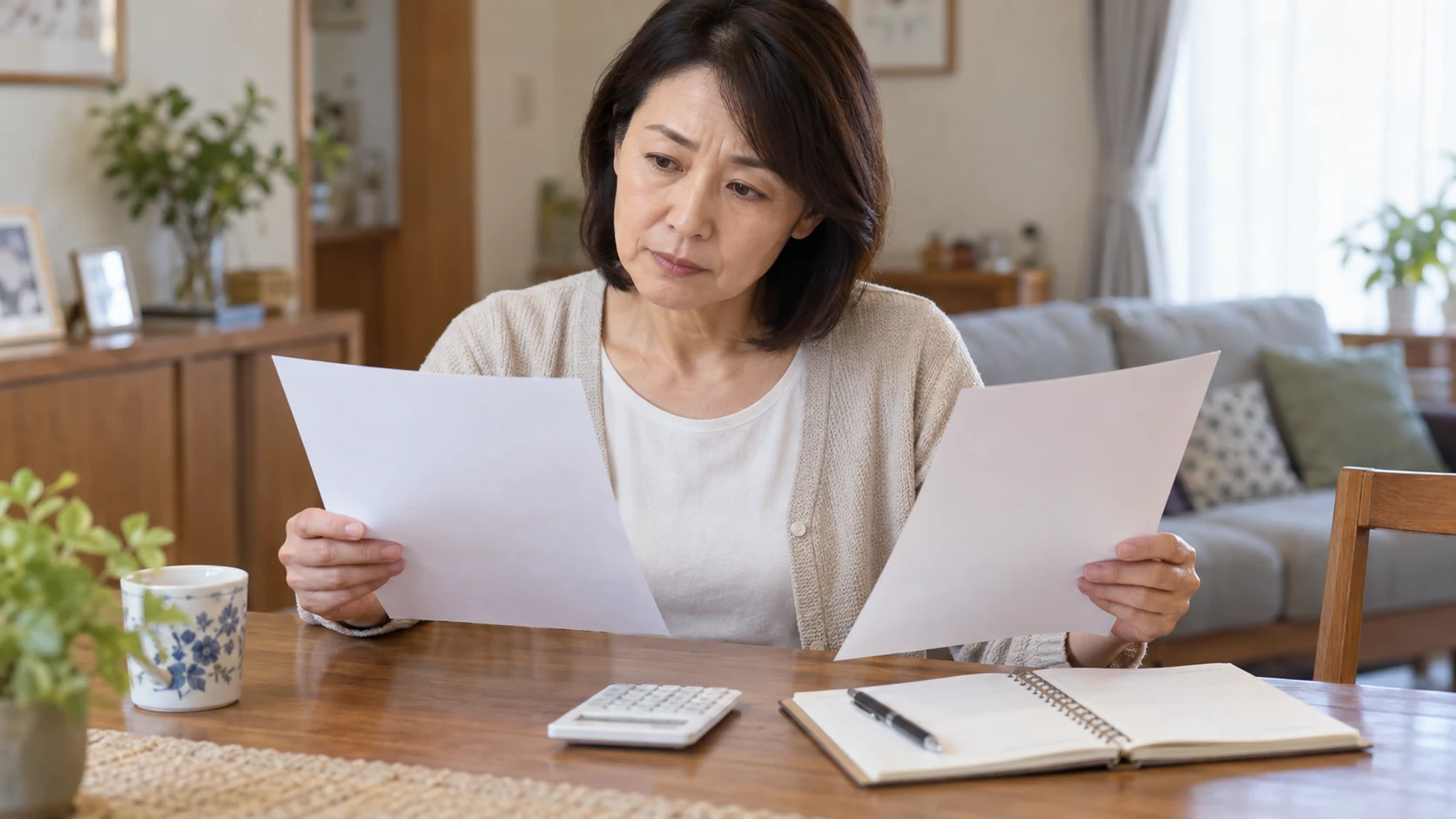 50代の女性が求人条件と生活費を確認する様子