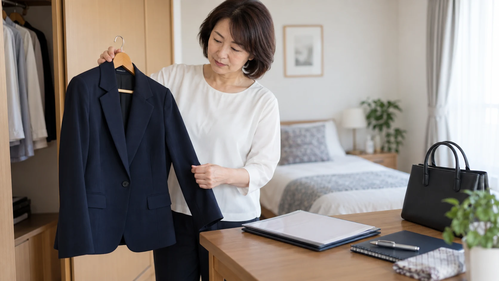 50代の女性が面接に向けて服装を準備する様子