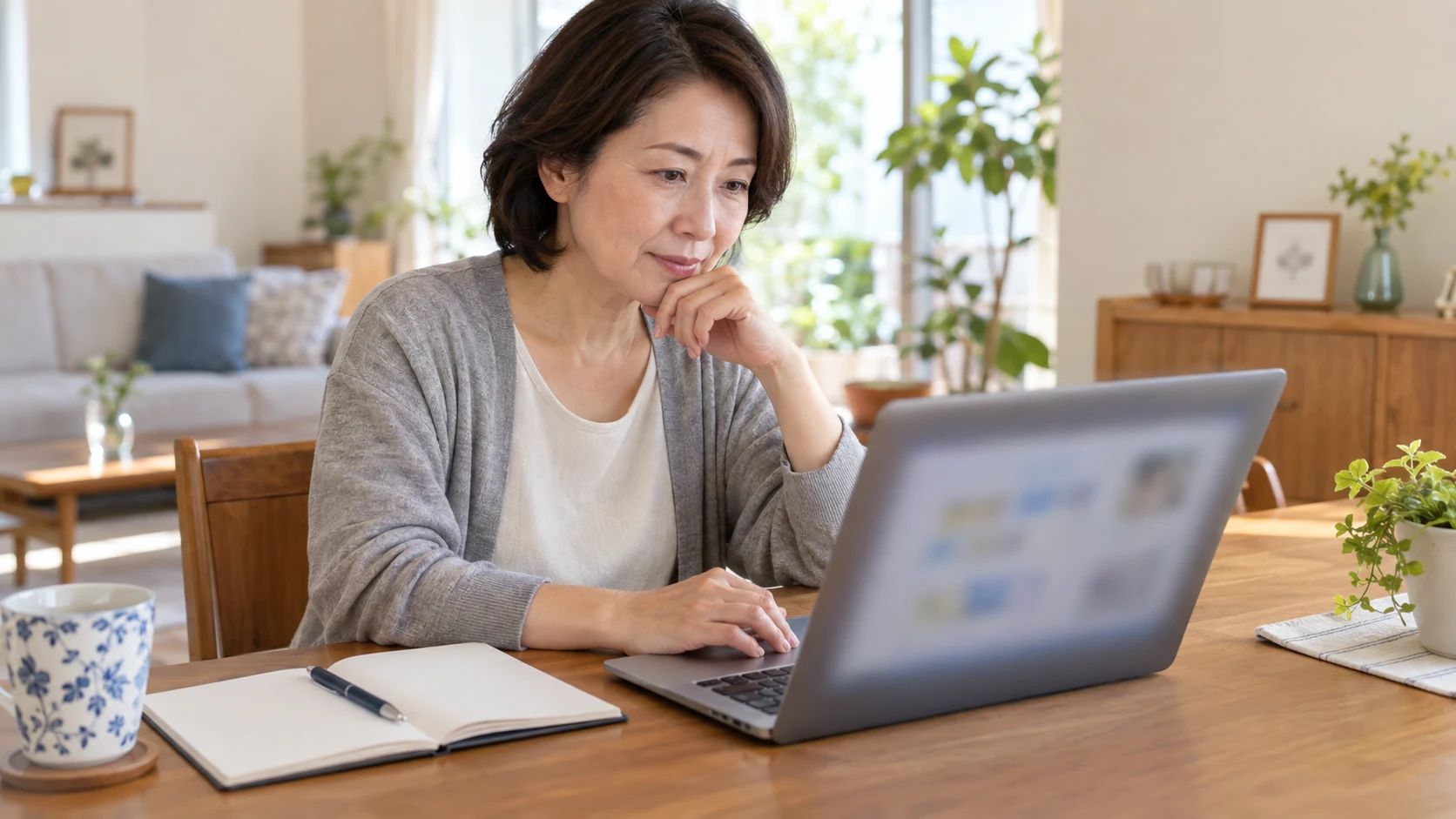 50代の女性が求人情報を見ながら質問を書き出す様子