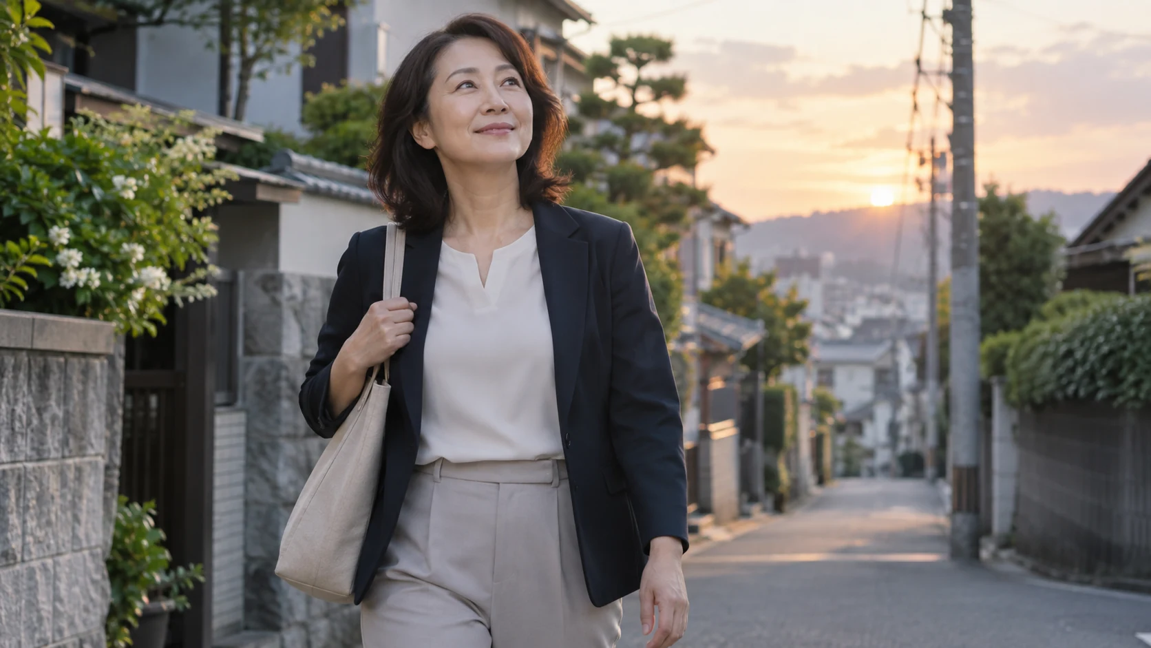50代の女性が仕事帰りに今後の働き方を考える様子