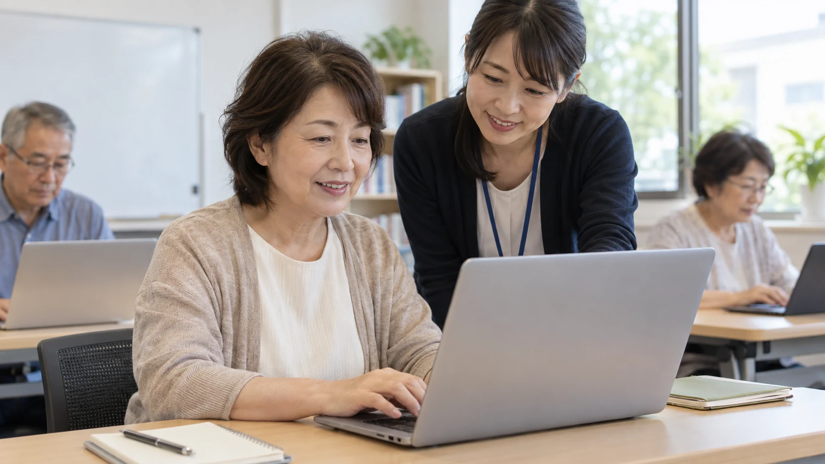 50代の女性が新しい仕事に向けた学びを始める様子