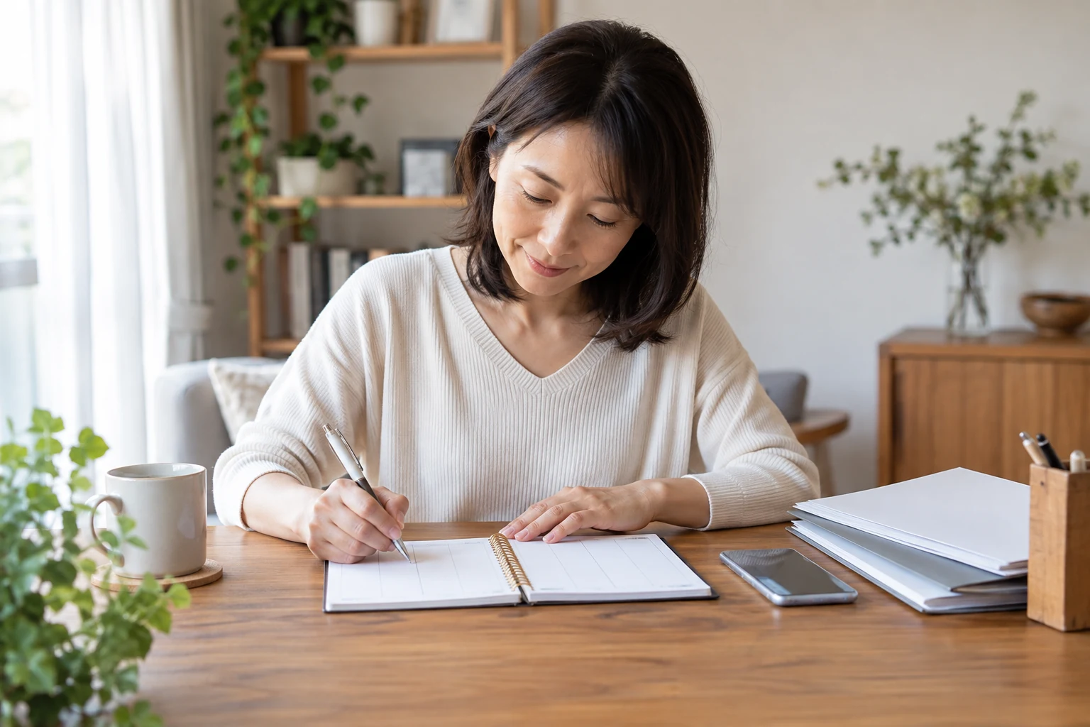 日本人女性が一週間の転職相談の予定を手帳に整理する