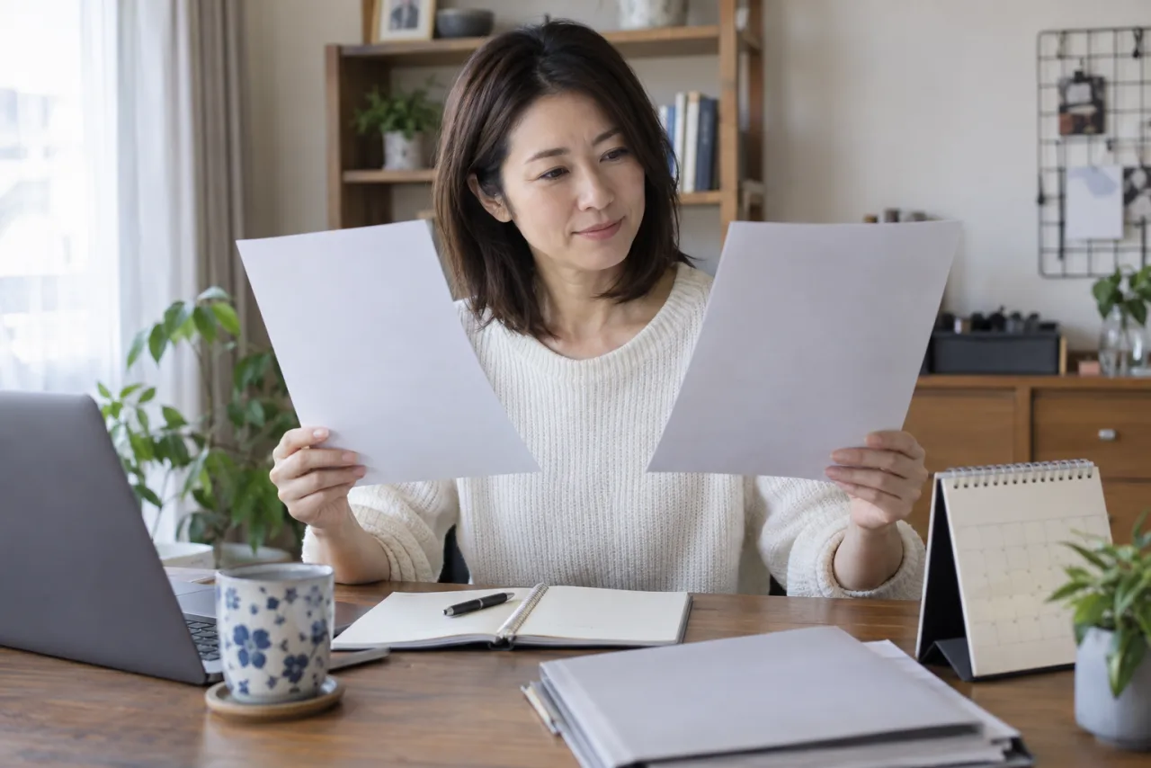 40歳前後の女性が自宅で求人票と応募書類を見比べながら転職を考えている様子