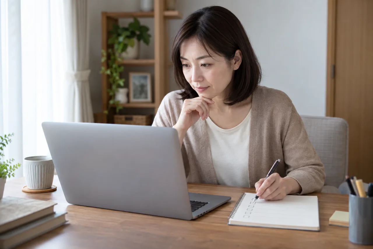 女性がこれまでの仕事経験を付せんとノートで整理している様子
