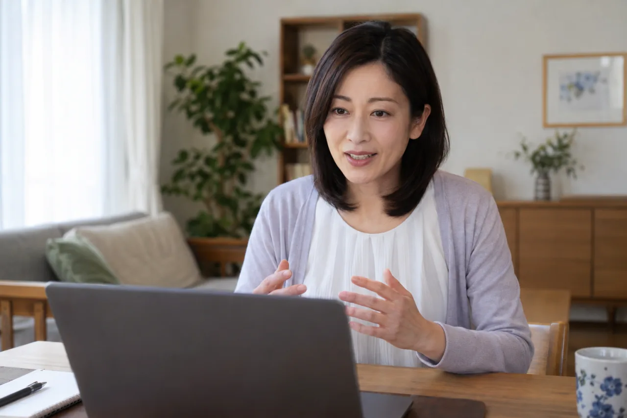 女性がノートパソコンの求人情報とチェックリストを確認している様子