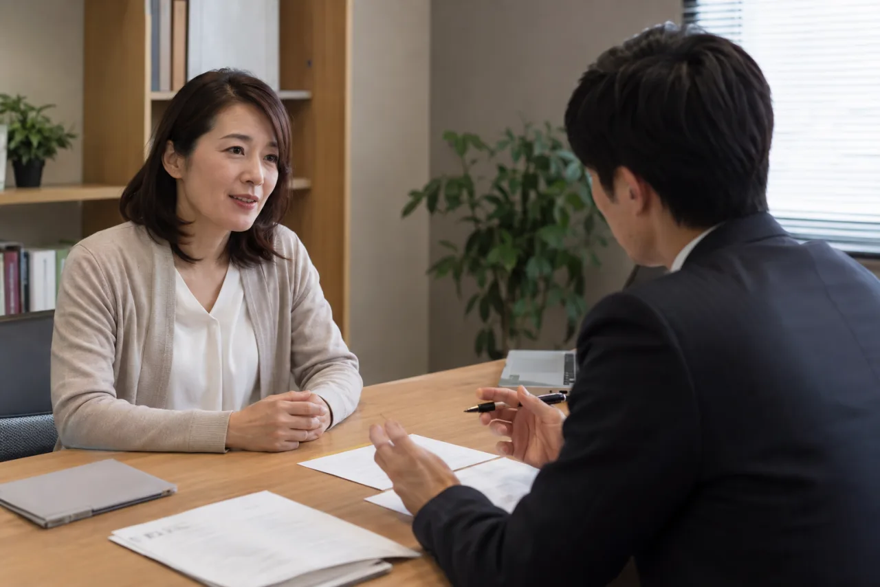 女性がジャケットとバッグ、応募書類を面接前に準備している様子