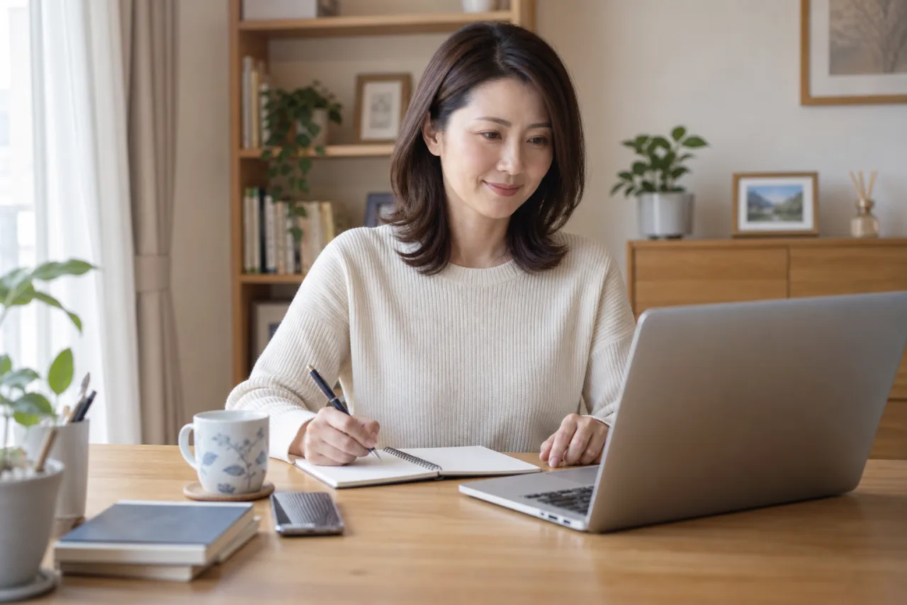 女性がノートパソコンとノートで転職応募の最終チェックをしている様子