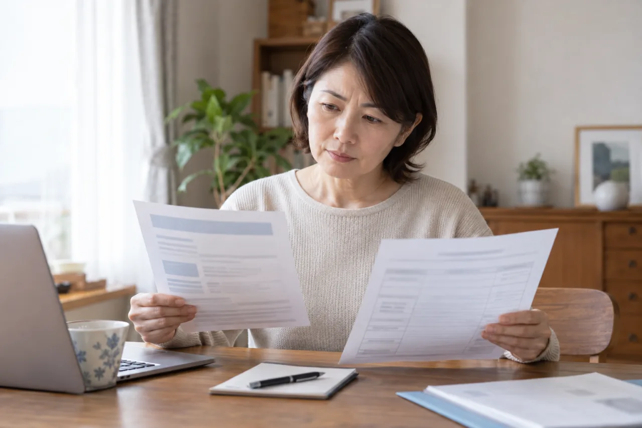 日本人女性が求人票と労働条件通知書の条件を照合している