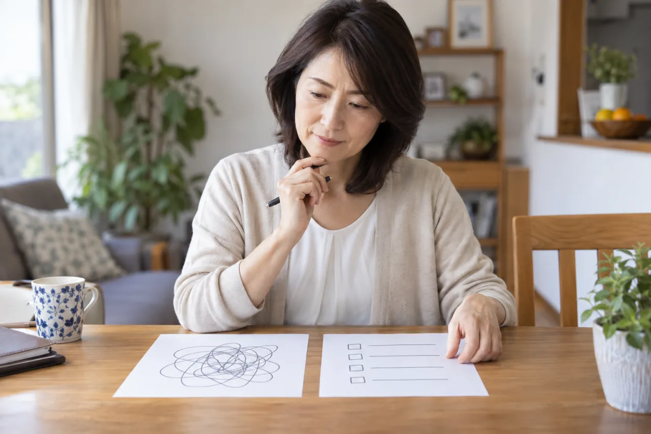 日本人女性が転職への不安と勤務条件の事実を別々に整理している