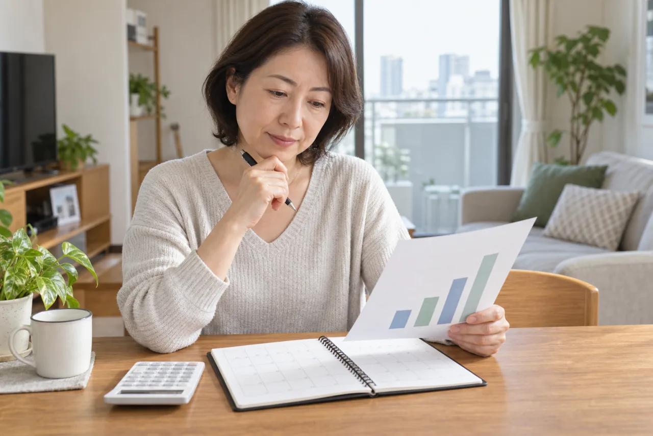 日本人女性が転職前後の家計と通勤時間を表で比較している