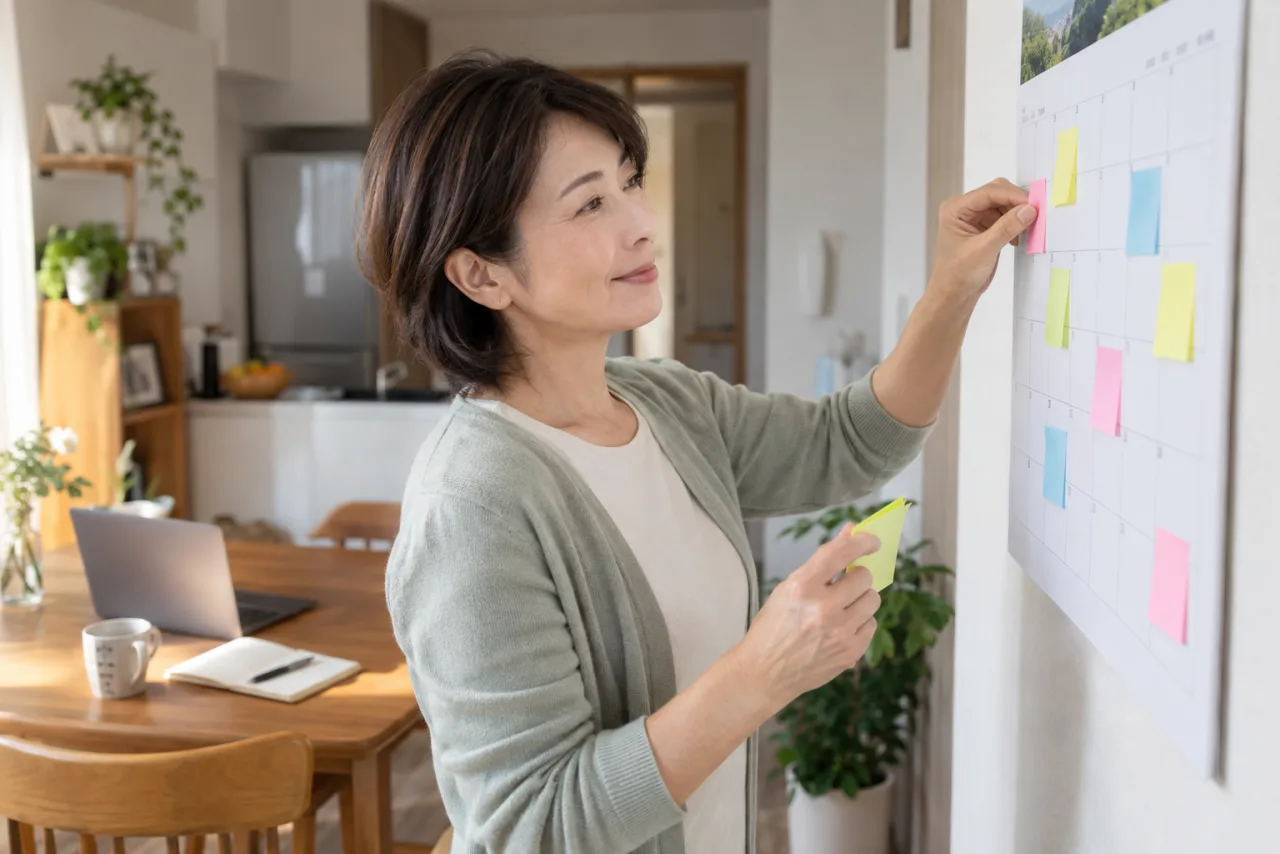 日本人女性が転職を考えた次の一週間の確認予定を立てている