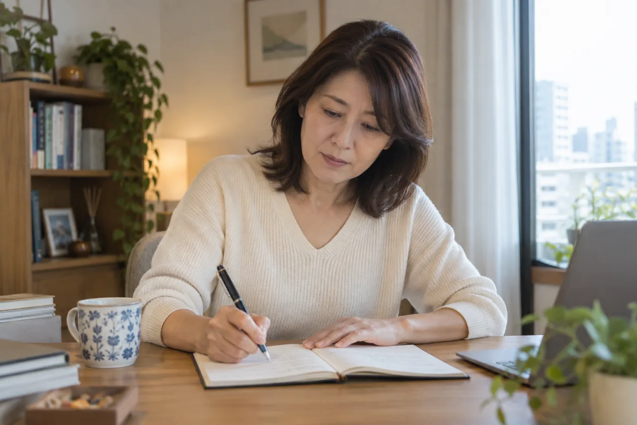 日本人女性が50歳の転職を考えるきっかけをノートへ書いている