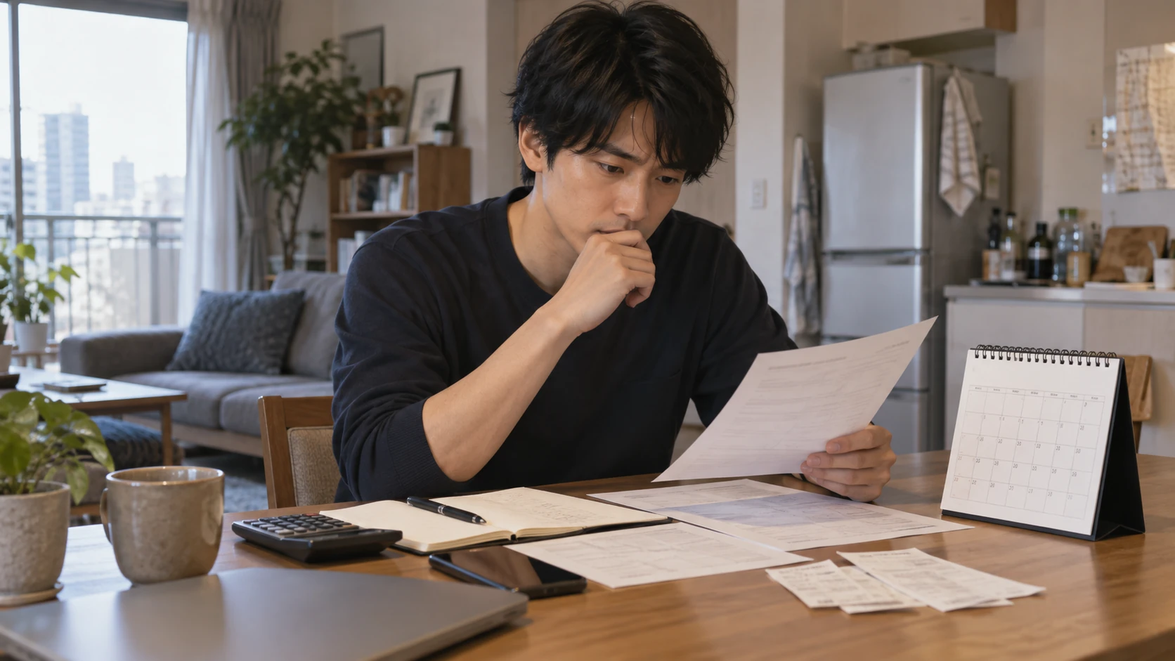 退職日と生活費と入社日をカレンダーで確認している様子