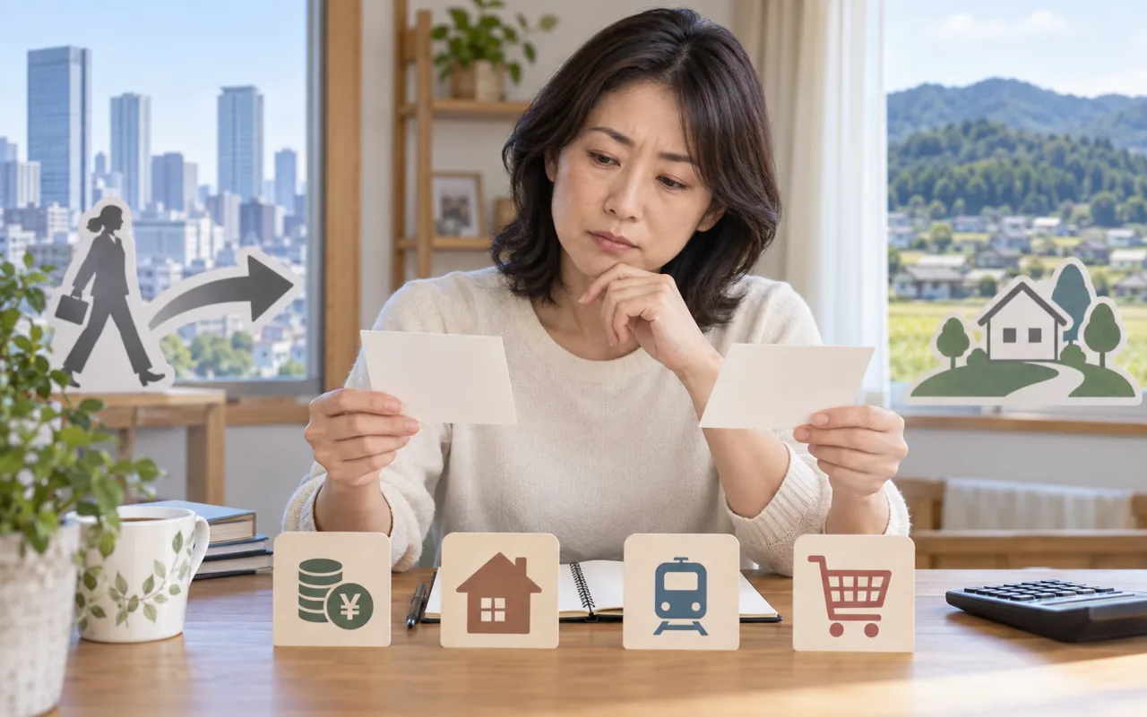 日本人女性が給与、住居費、通勤費を家計表に書き出して手取りを比較している