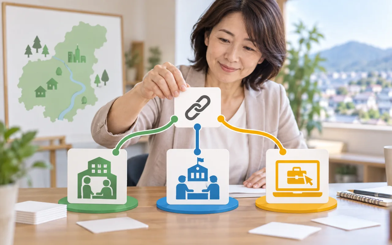 日本人女性がハローワーク、自治体、企業への直接応募という地方求人の探し方を整理している