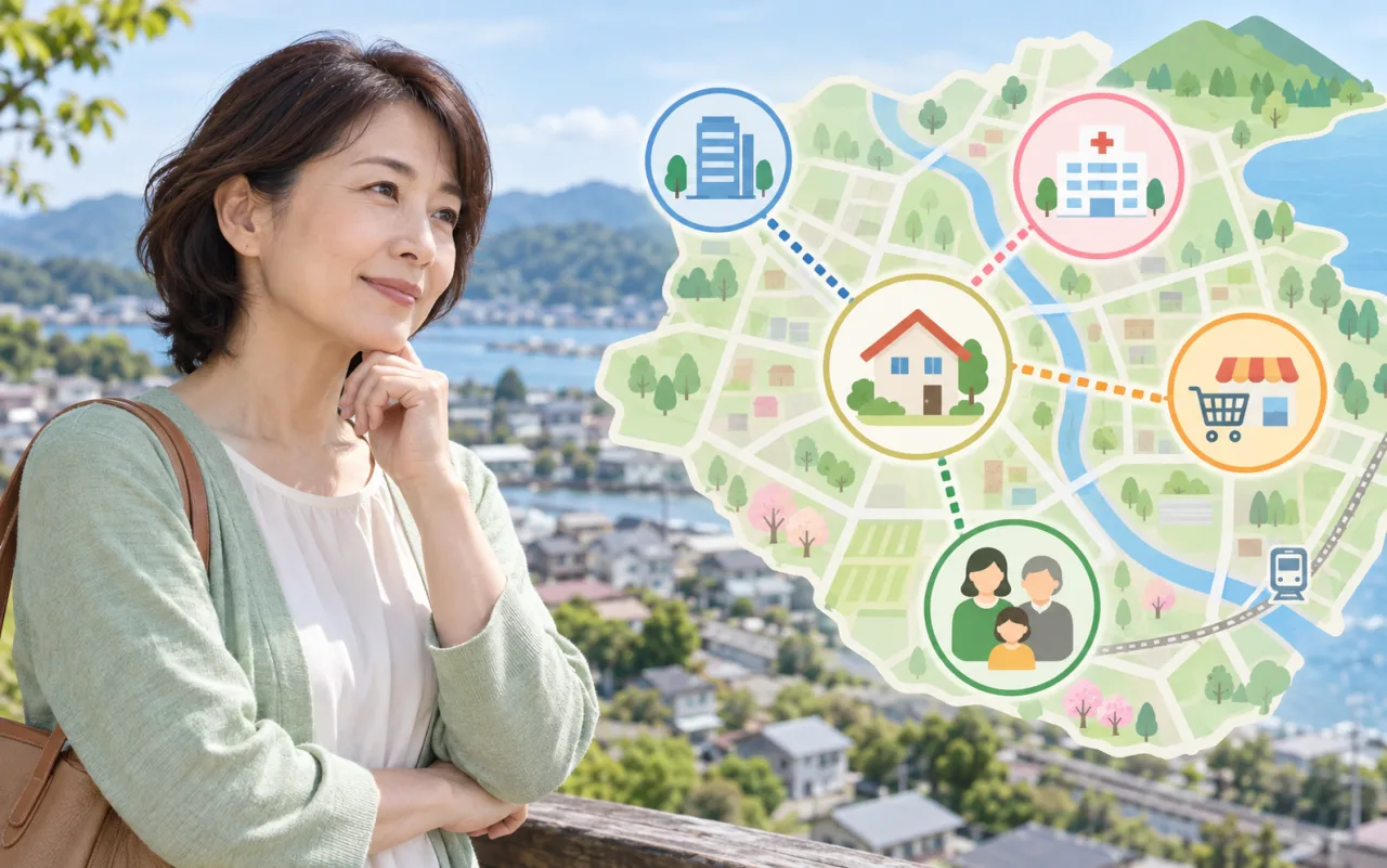 日本人女性が地方都市の住まい、職場、家族の支援範囲を地図上で確認している