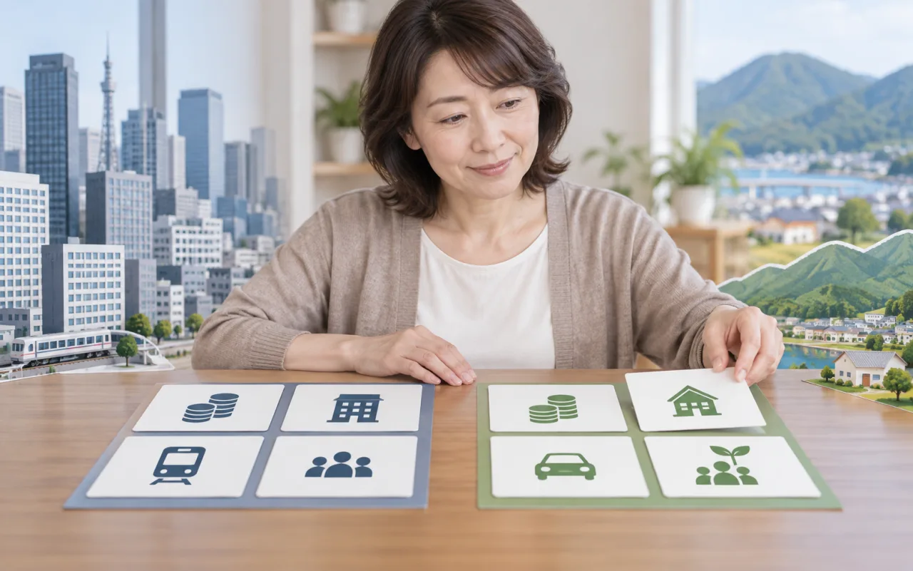 日本人女性が都市部と地方都市の給与、住居、通勤、支援を比較するカードを並べている