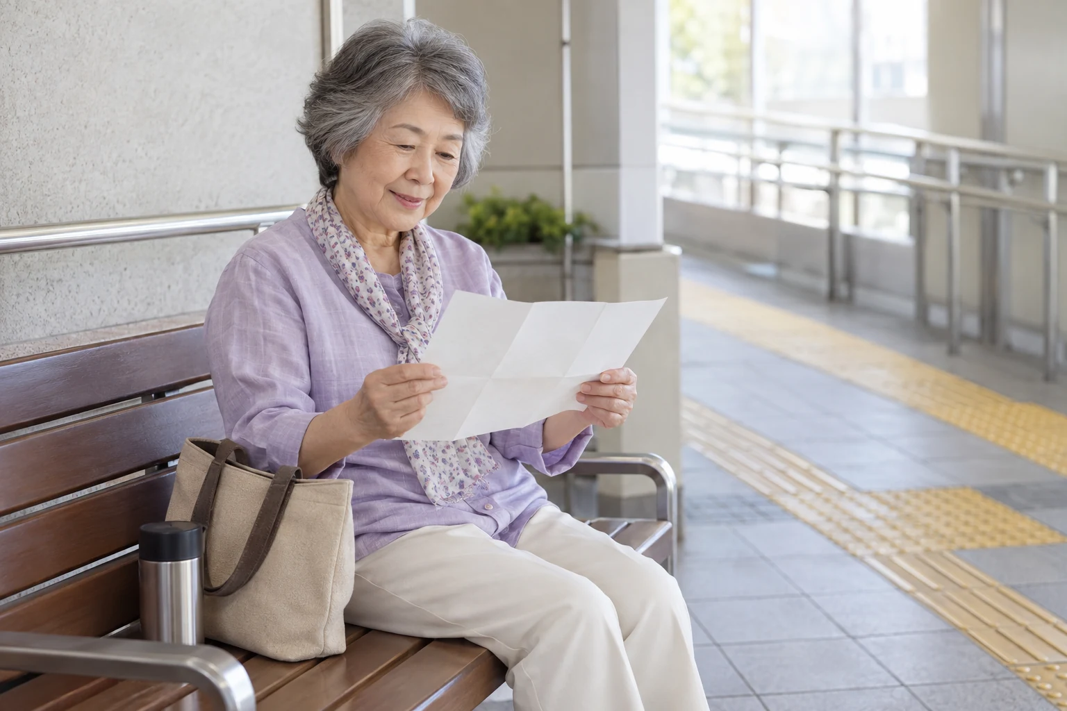 働く条件と通勤経路を紙に整理する高齢女性のイメージ