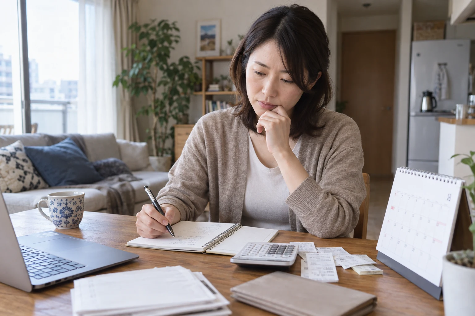 日本人女性が転職前の生活費と退職時期を整理する様子