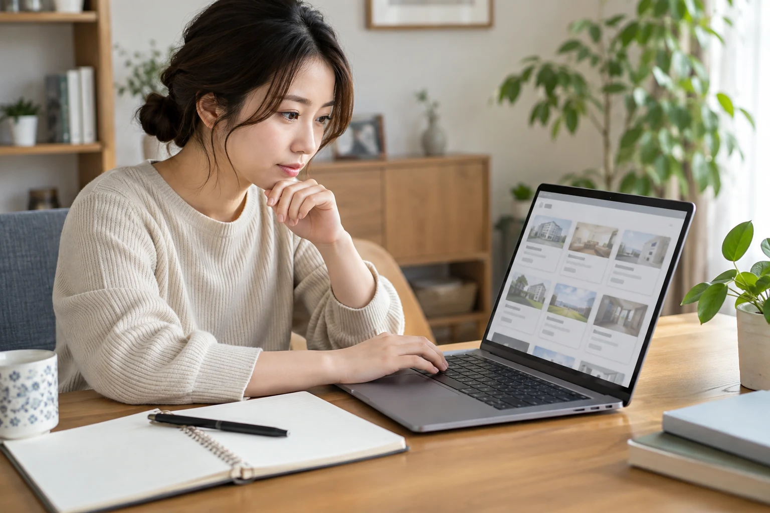 日本人女性が複数の求人条件を比較する様子