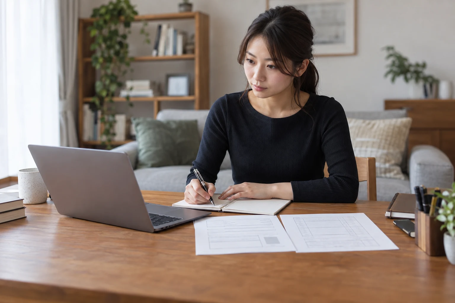 日本人女性が応募書類と面接の準備をする様子