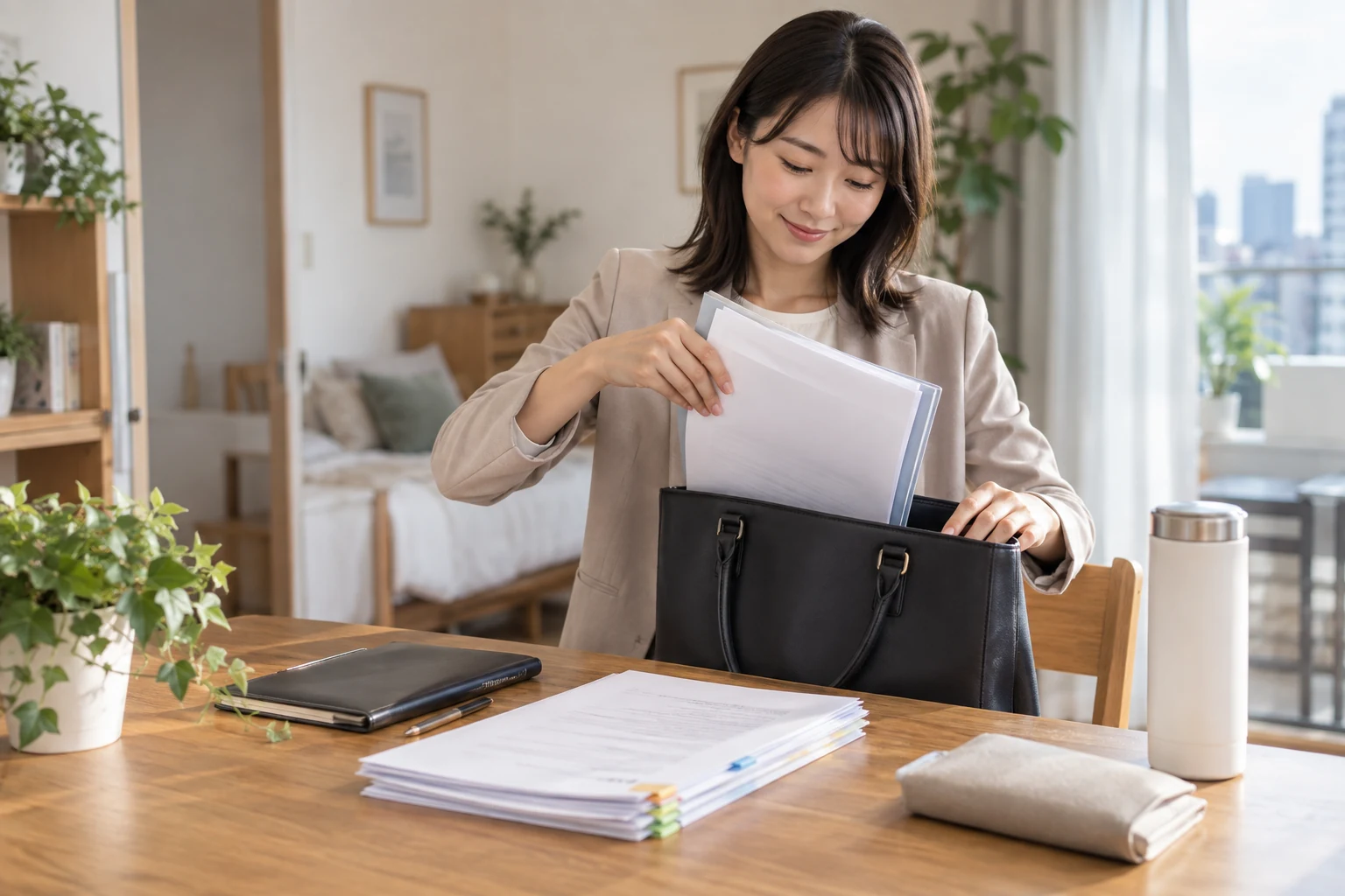 日本人女性が退職と新しい職場への入社準備を進める様子