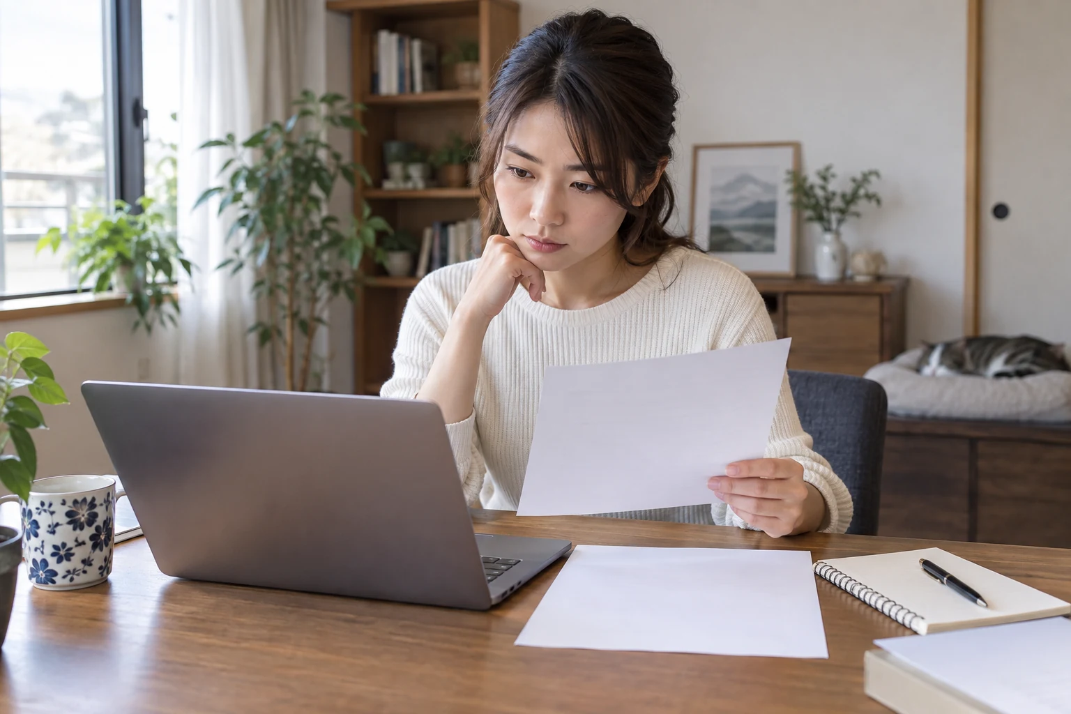 日本人女性が内定後の労働条件を確認する様子