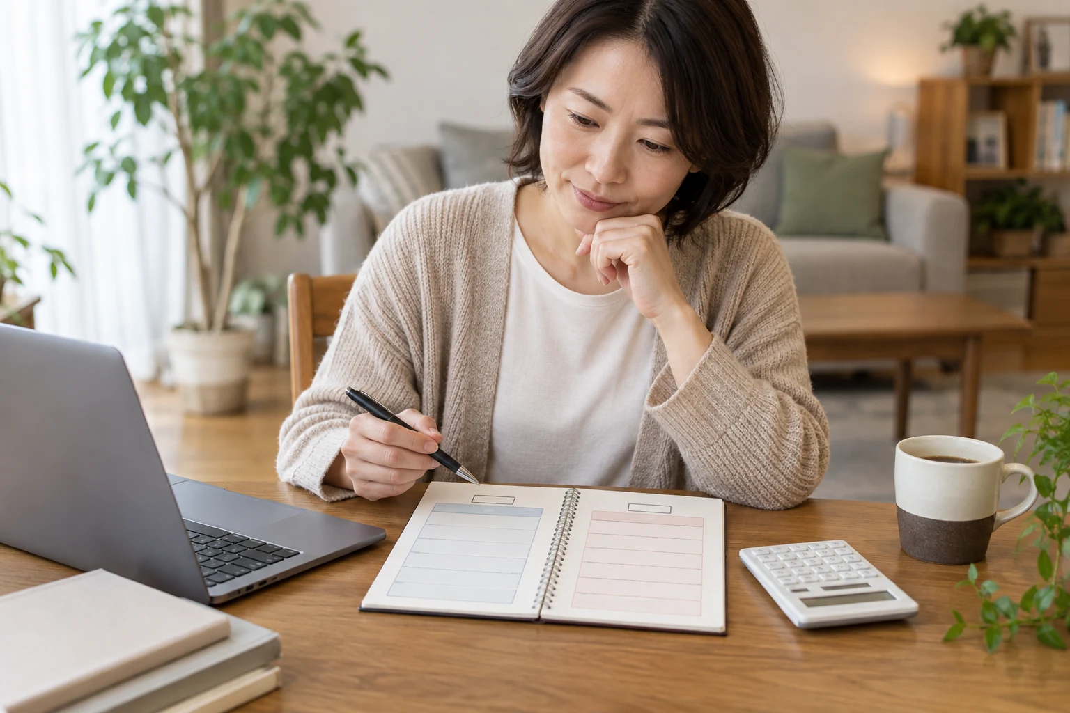 転職前後の勤務条件を表にして確認する日本人女性