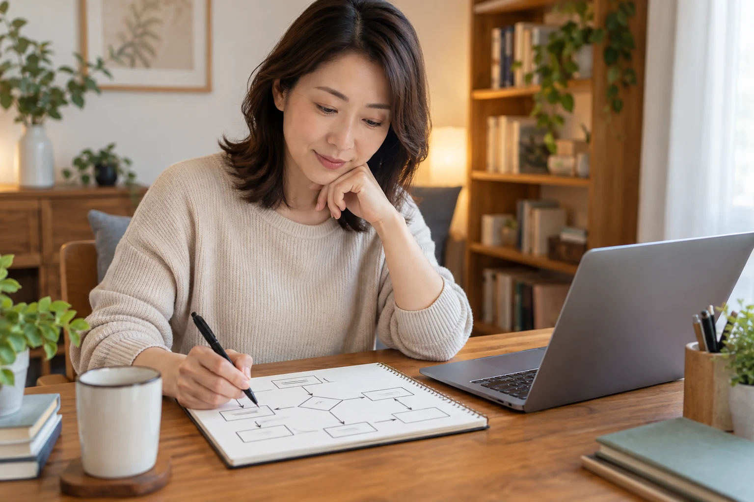 再転職するかの判断手順をノートに整理する日本人女性