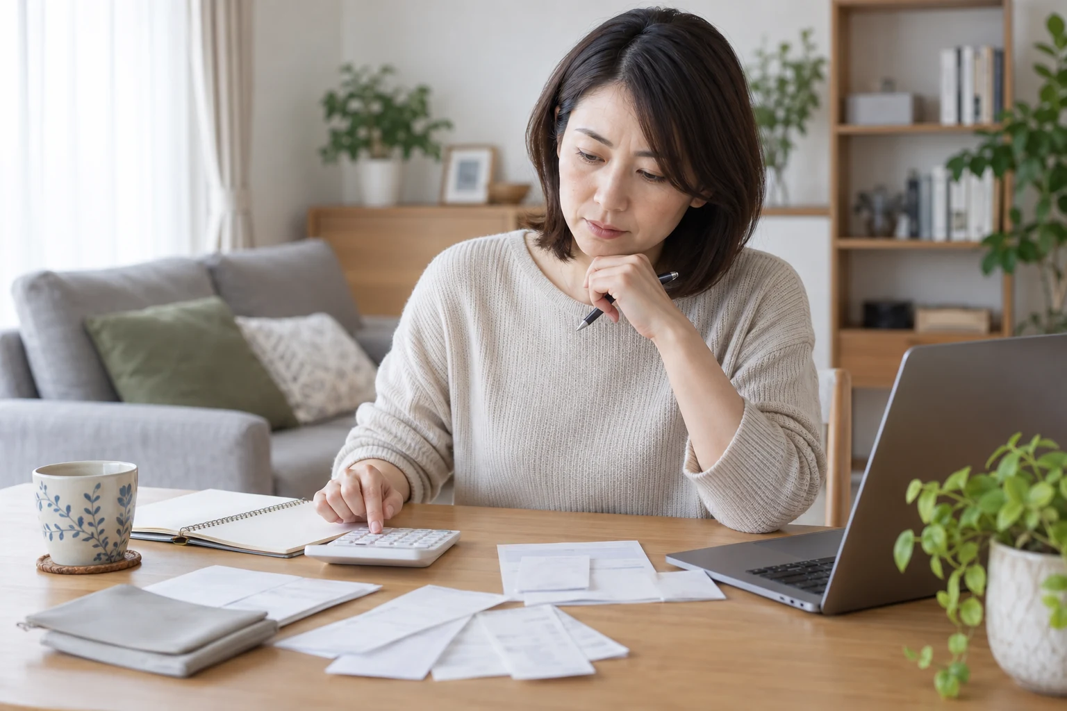 転職後の収入と生活費を確認する日本人女性