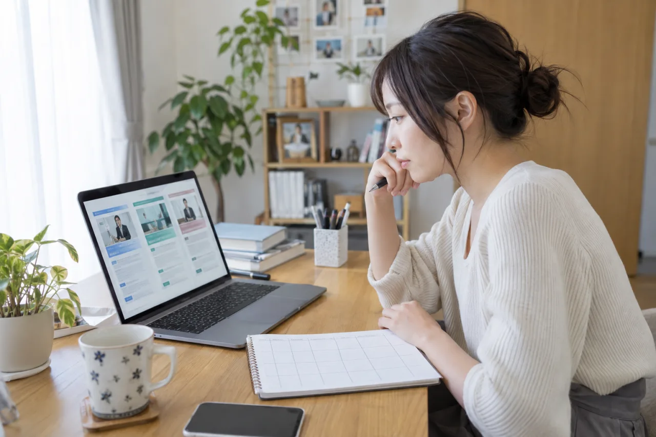 日本人女性が三つの転職サイトの求人条件をパソコンで比較している
