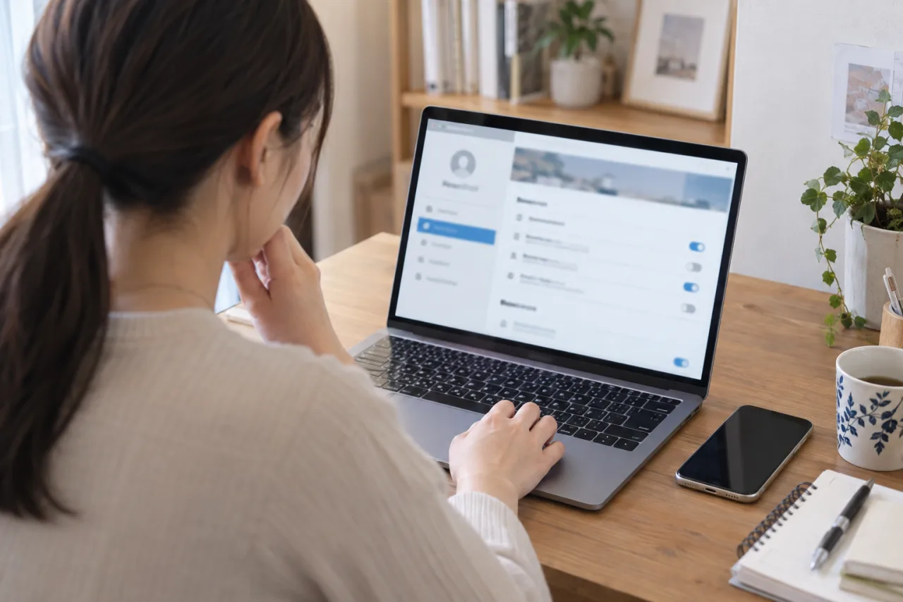 日本人女性が転職サイトのスカウト設定と企業ブロック設定を確認している