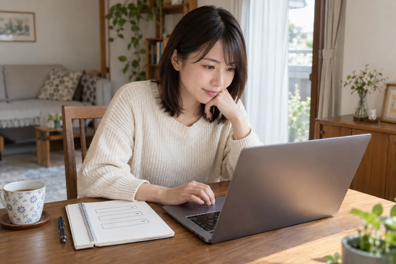 日本人女性が転職サイトの職種と勤務地の検索条件を設定している