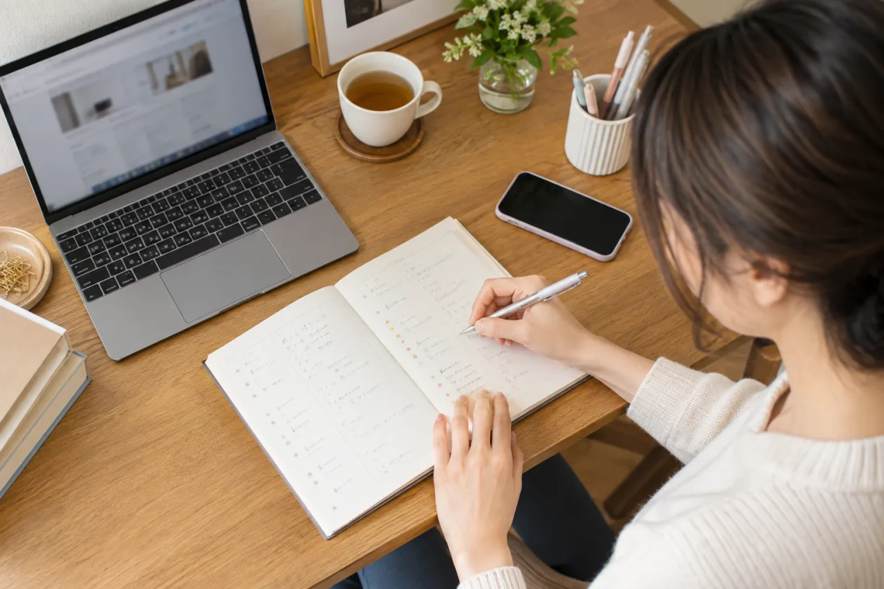 日本人女性が転職サイトとハローワークの求人情報をノートで比べている