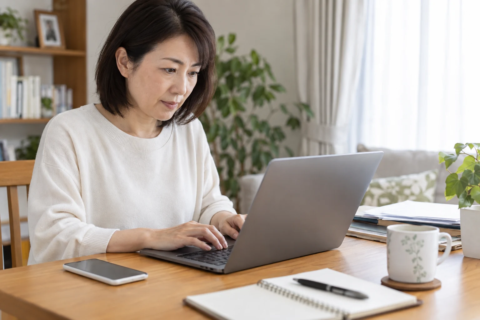 日本人女性がパソコンで職務経歴と転職条件を整理する