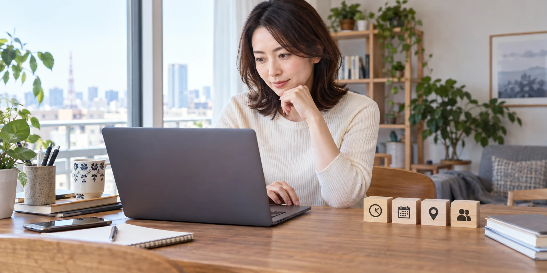 女性が転職サイトで残業や休日などの検索条件を確認している様子