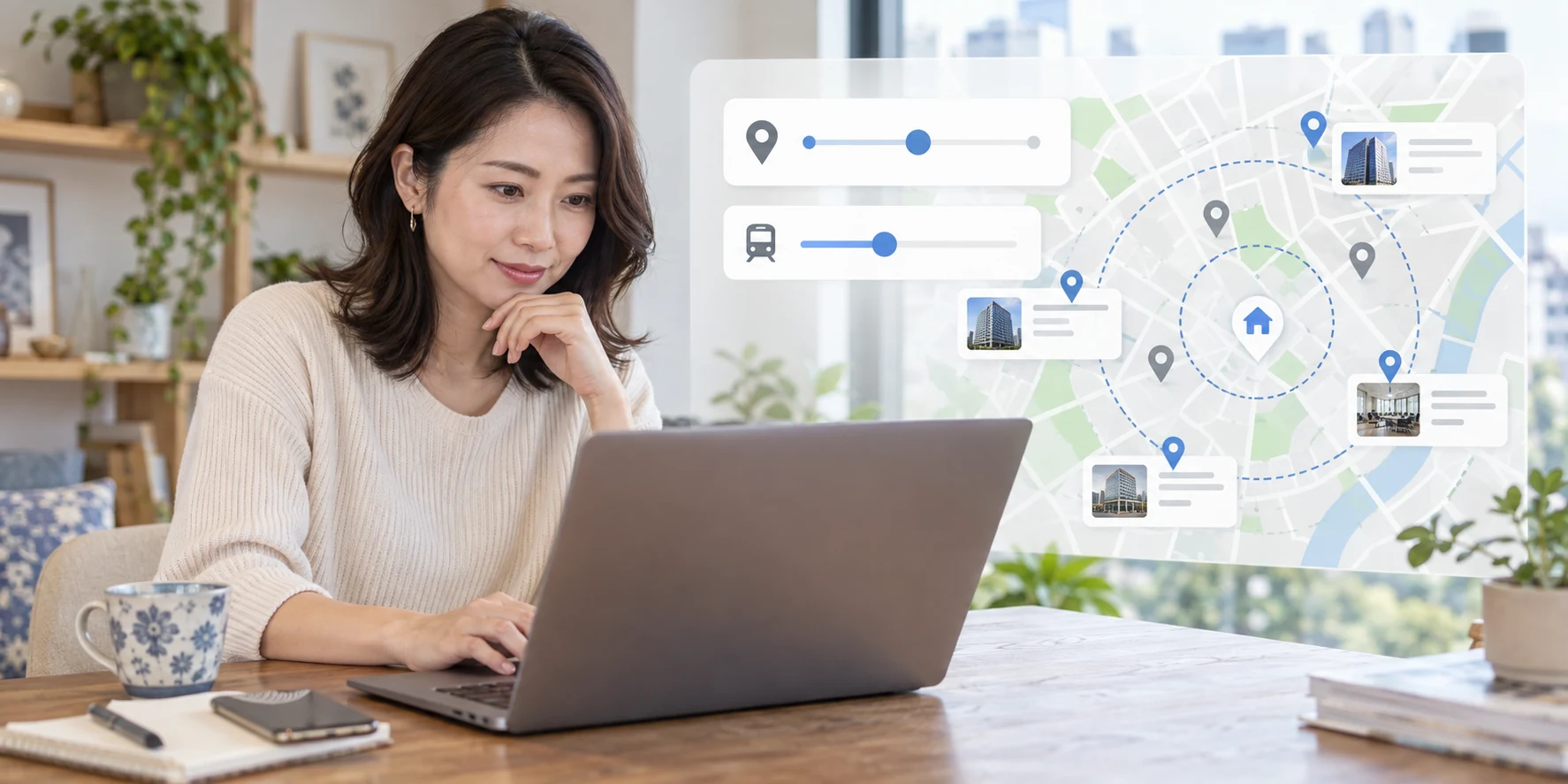 女性が勤務地と通勤時間の条件を転職サイトで絞り込んでいる様子