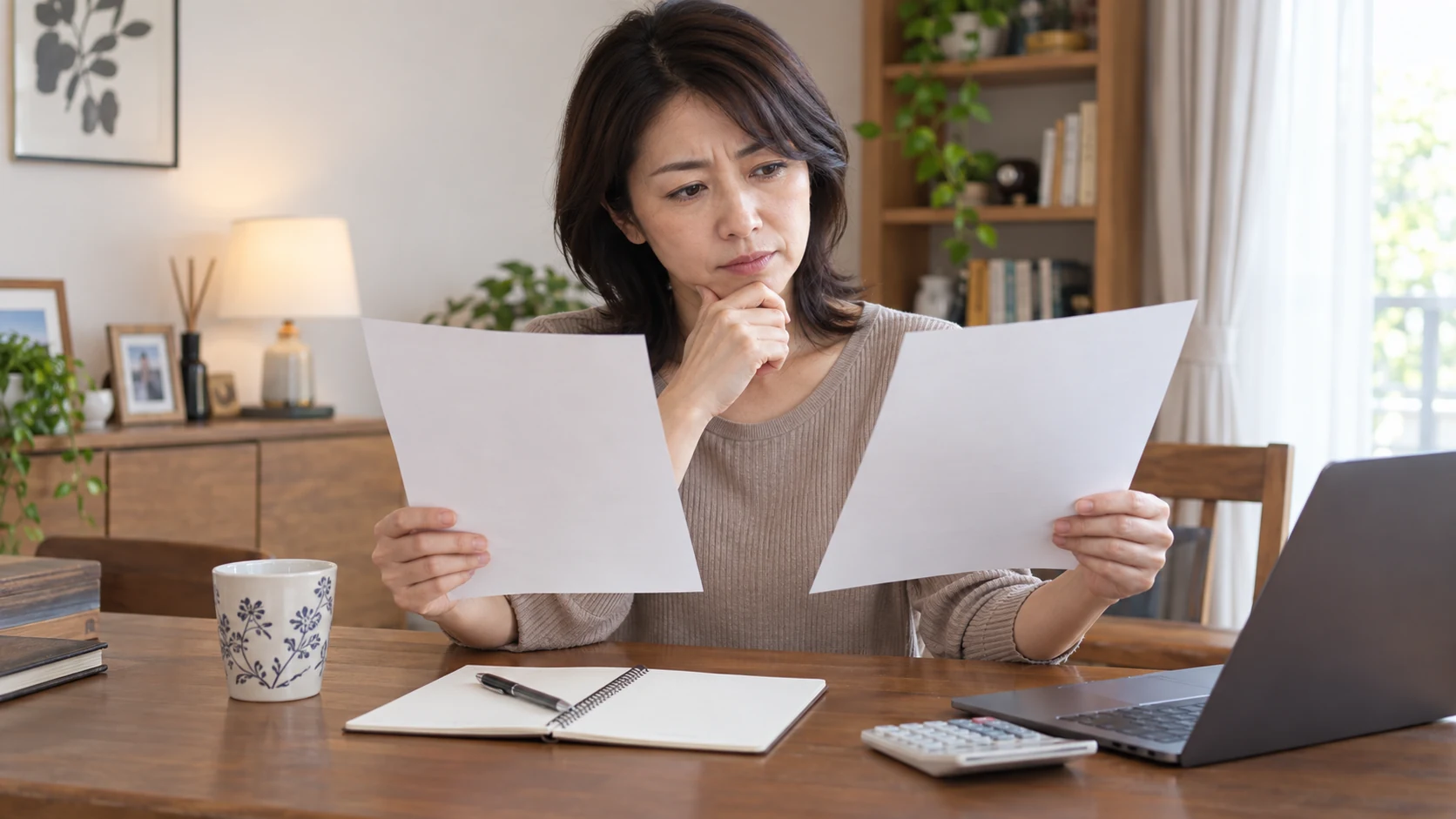 女性が二つの求人票の残業時間と休日条件を比較している様子