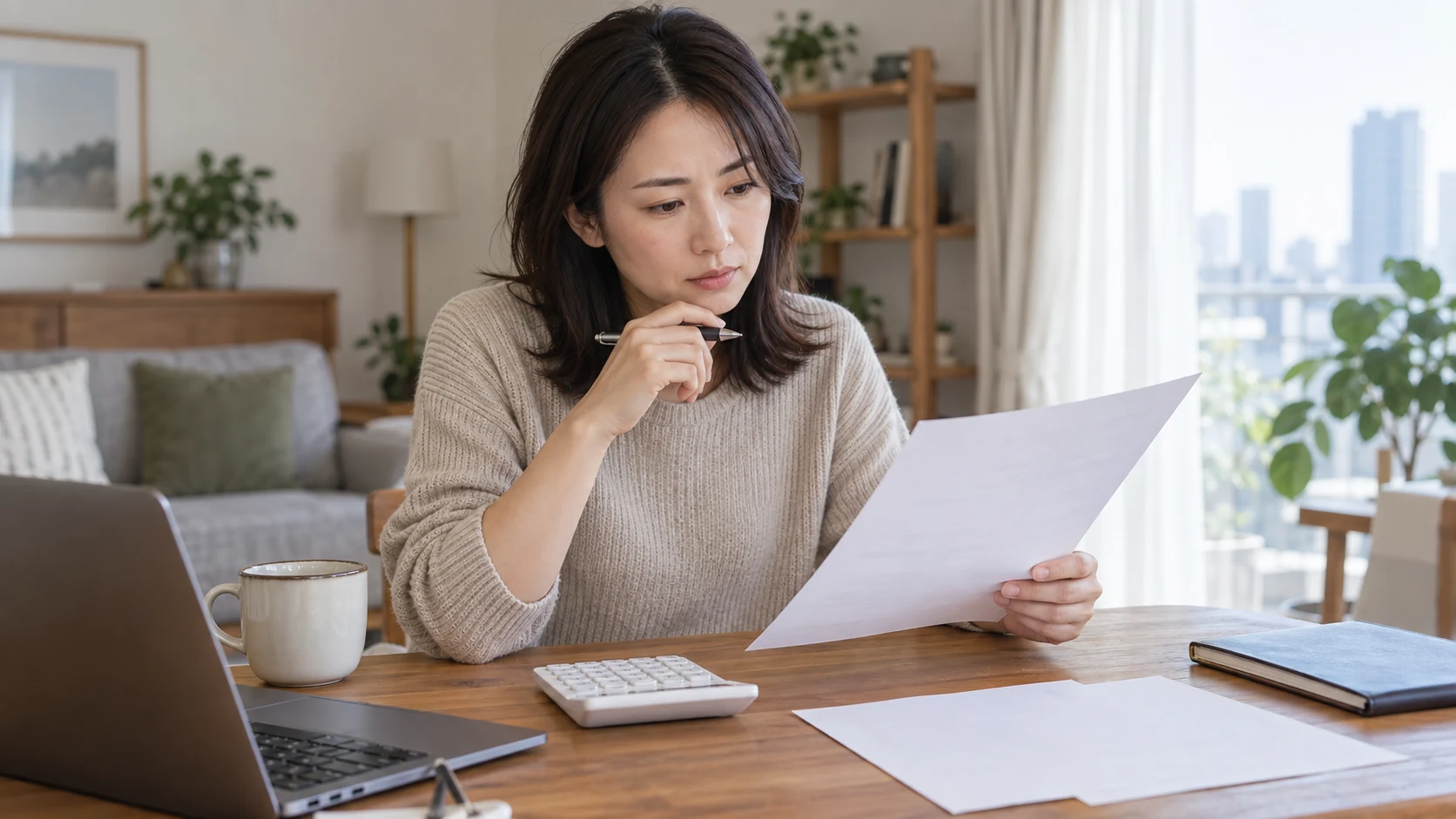 女性が求人票の勤務時間と固定残業の条件を確認している様子