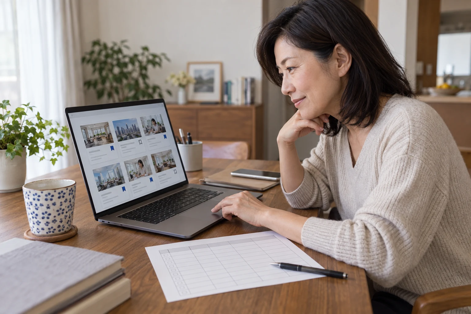 女性が複数の転職サイトの保存求人と応募状況を整理している様子