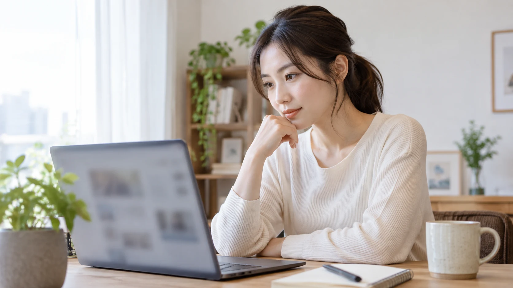 求人票の仕事内容や勤務地を確認する日本人女性