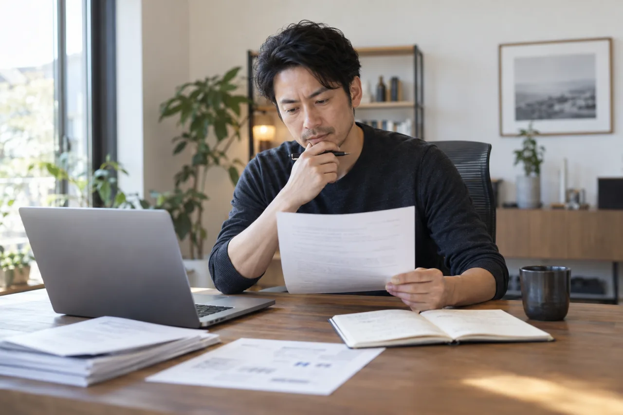 管理職経験を生かせる求人の仕事内容を確認する40代の日本人男性